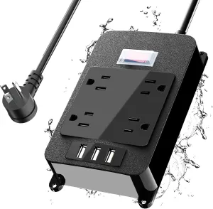 Outlet Extender, Waterproof Surge Protector Power Strip 6 Ft Cord, Outdoor Extension Cord with Multiple Outlets, 4 Wide Outlets, 3 USB Ports, Shockproof Overload Protection Black