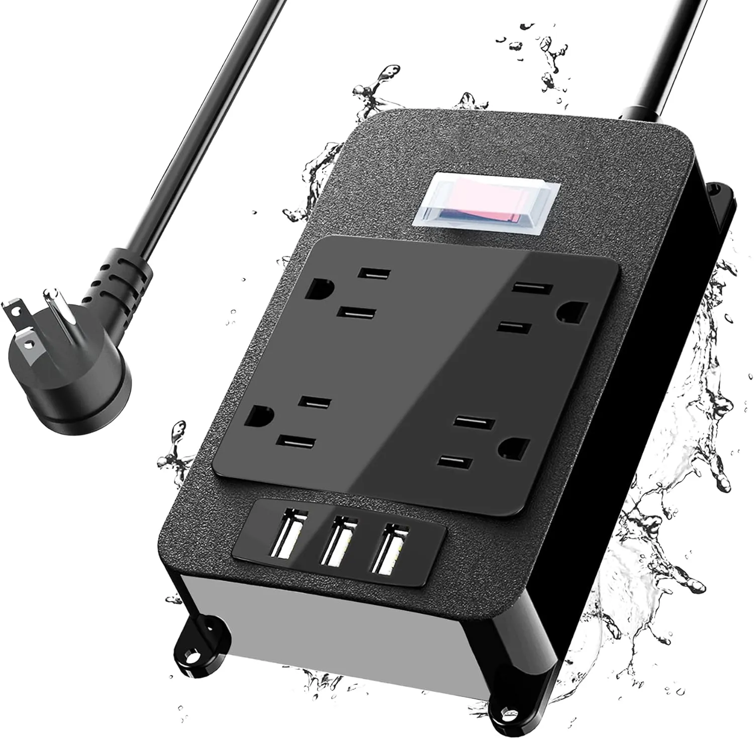 Outlet Extender, Waterproof Surge Protector Power Strip 6 Ft Cord, Outdoor Extension Cord with Multiple Outlets, 4 Wide Outlets, 3 USB Ports, Shockproof Overload Protection Black