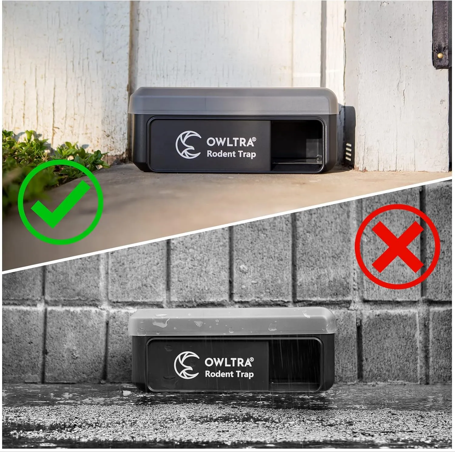 OW-7 in-/Outdoor Electric Rodent Trap, Instant Kill Mouse & Rat Zapper with Waterproof Cover, Sound & Light Alarm, and Batteries or USB Power Source, Waterproof Grade IPX4, Black