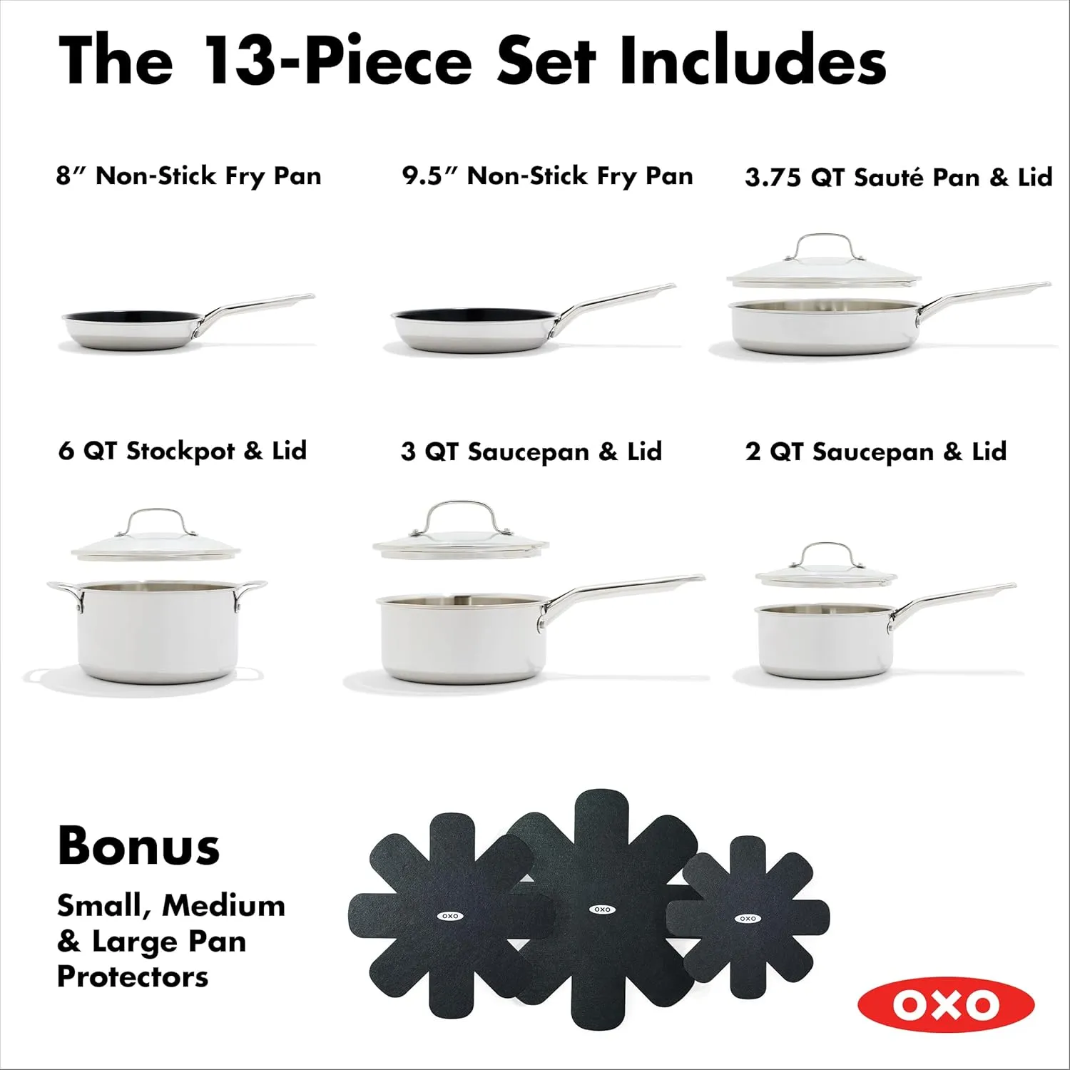 OXO Agility Tri-Ply Stainless Steel 13 Piece Kitchen Cookware Pots and Pans Set, Induction, PFAS-Free Ceramic Nonstick Coated Frypans, Saucepans, Stockpot, Quick Even Heating, Dishwasher and Oven Safe