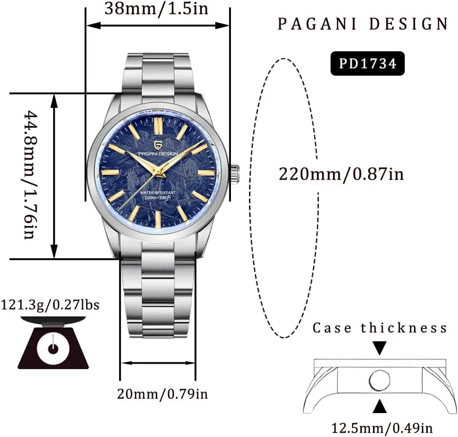 Pagani Design Watches for Men, 38mm Dial, Stainless Steel, 100m Waterproof, Quartz, VH31 Movement