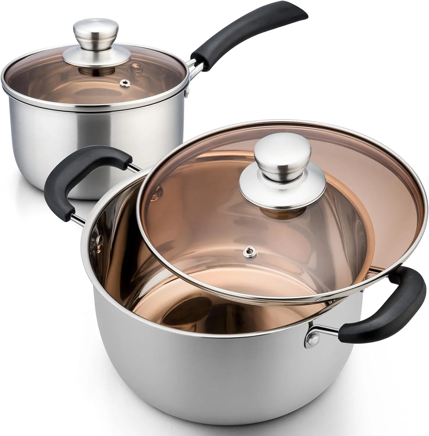 P&P CHEF Saucepan and Stockpot Set, Stainless Steel Cooking Stock Pot with Lid, Good Cookware for Kitchen Cooking Boiling, Visible Lid & Heat-proof Handle, Dishwasher Safe, 2QT & 4QT