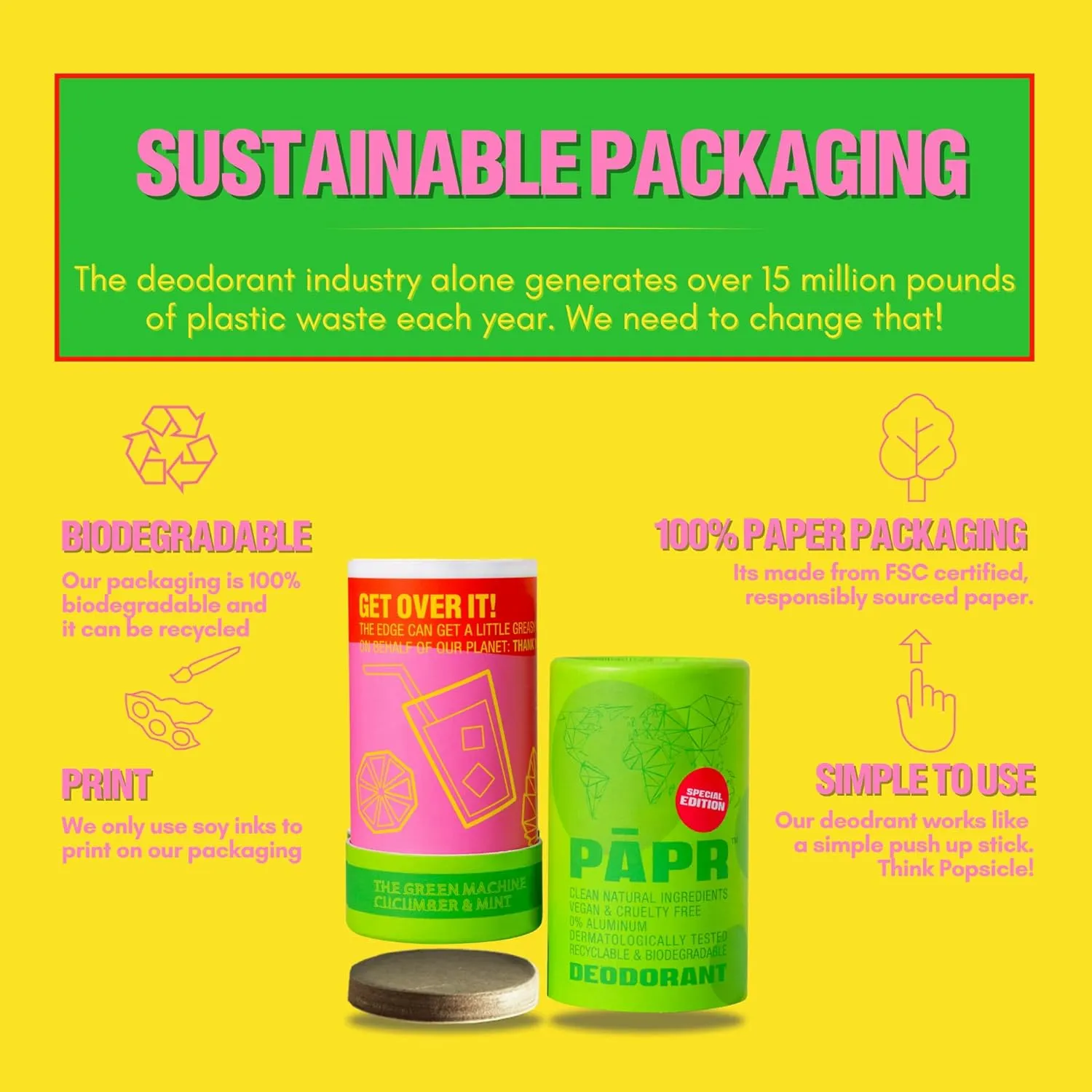 PAPR - Nature Powered, Clinically Proven, All Natural Deodorant in Zero Waste Paper Packaging (Green Machine)