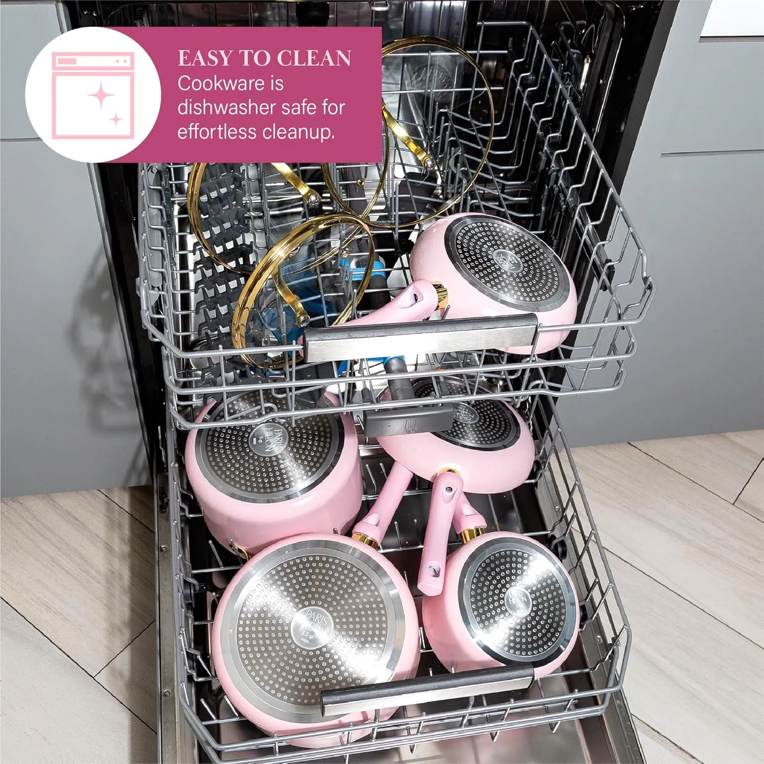 Paris Hilton Epic Nonstick Pots and Pans Set, Multi-layer Nonstick Coating, Tempered Glass Lids, Soft Touch, Stay Cool Handles, Made without PFOA, Dishwasher Safe Cookware Set, 12-Piece, Pink