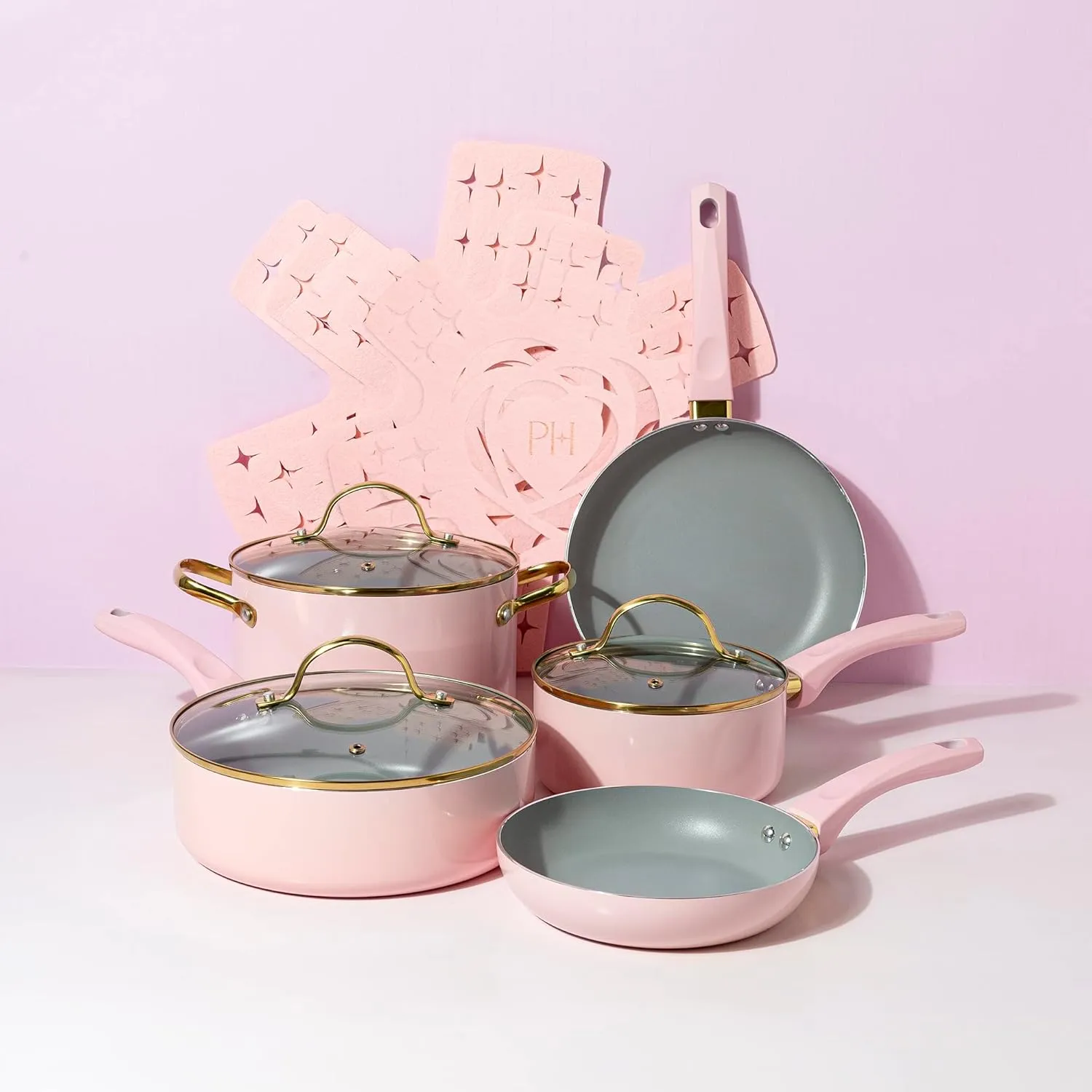 Paris Hilton Epic Nonstick Pots and Pans Set, Multi-layer Nonstick Coating, Tempered Glass Lids, Soft Touch, Stay Cool Handles, Made without PFOA, Dishwasher Safe Cookware Set, 12-Piece, Pink