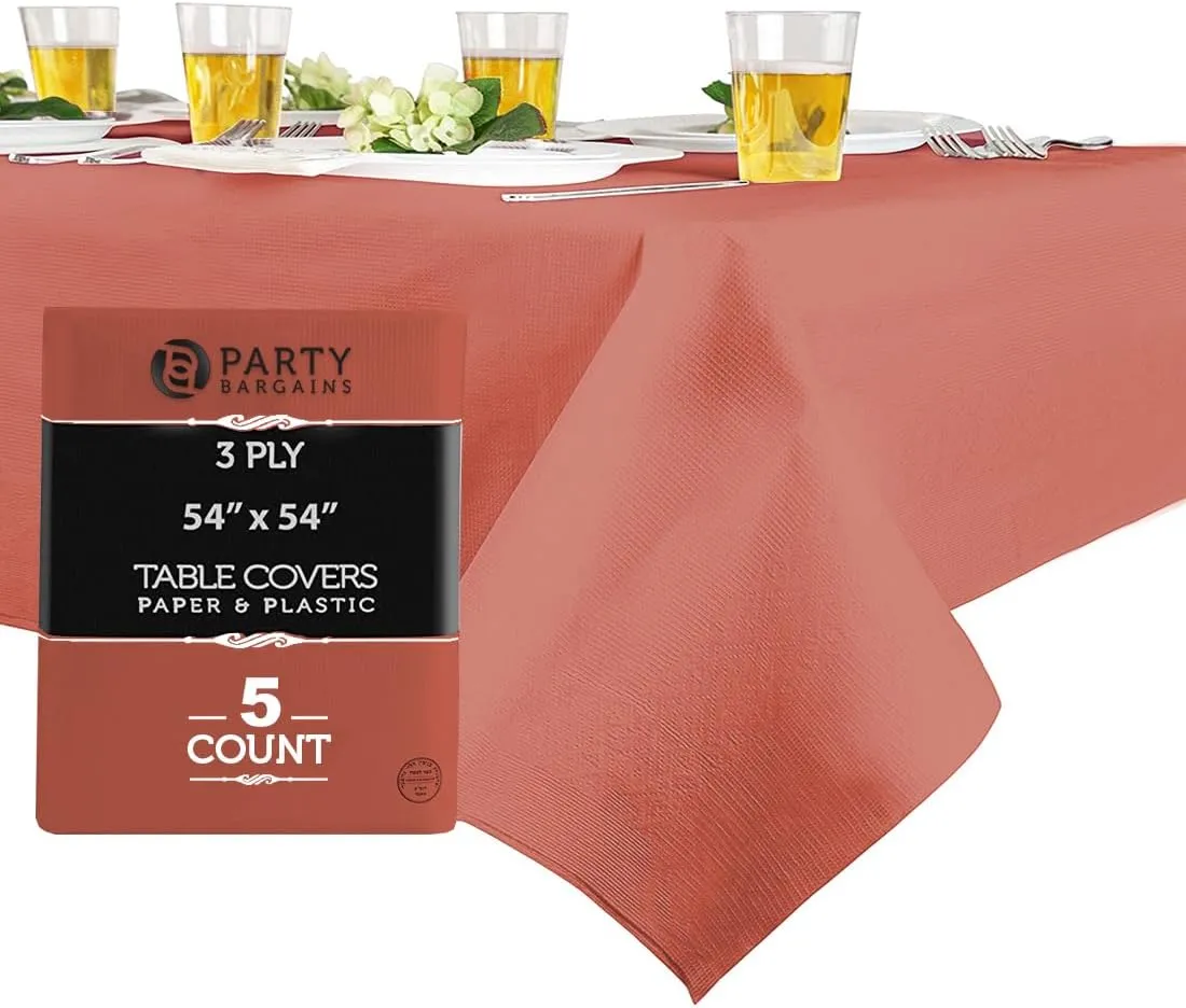 PARTY BARGAINS 5 Disposable Table Covers - 54" X 54" Red Table Cover, 3 Ply Paper & Plastic Tablecloth