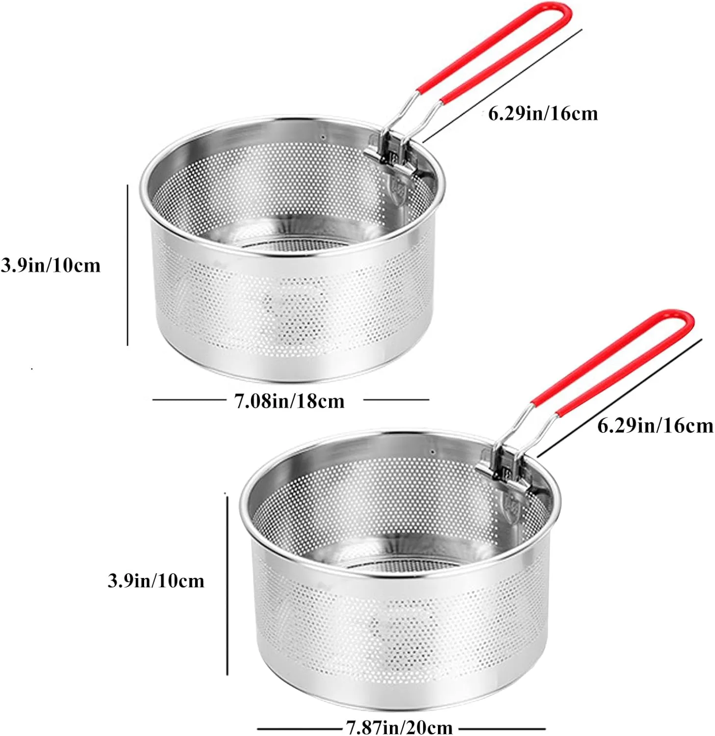 Pasta Strainer Set of 2, Stainless Steel Noodle strainer with Removable Handle Metal Pasta Strainer Basket Deep Fryer Basket, Kitchen Colander for Washing Draining Deep-frying Boiling Steaming(20cm)
