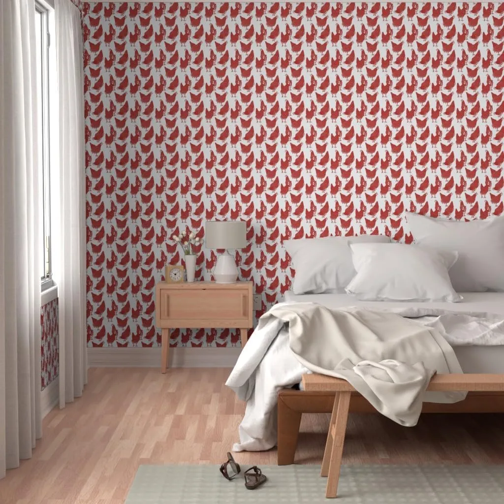 Peel & Stick Wallpaper 12ft x 2ft - Red Chickens White Country Kitchen Bears Prints Rustic Roosters Farmhouse Decor Animals Shabby Chic Custom Removable Wallpaper by Spoonflower