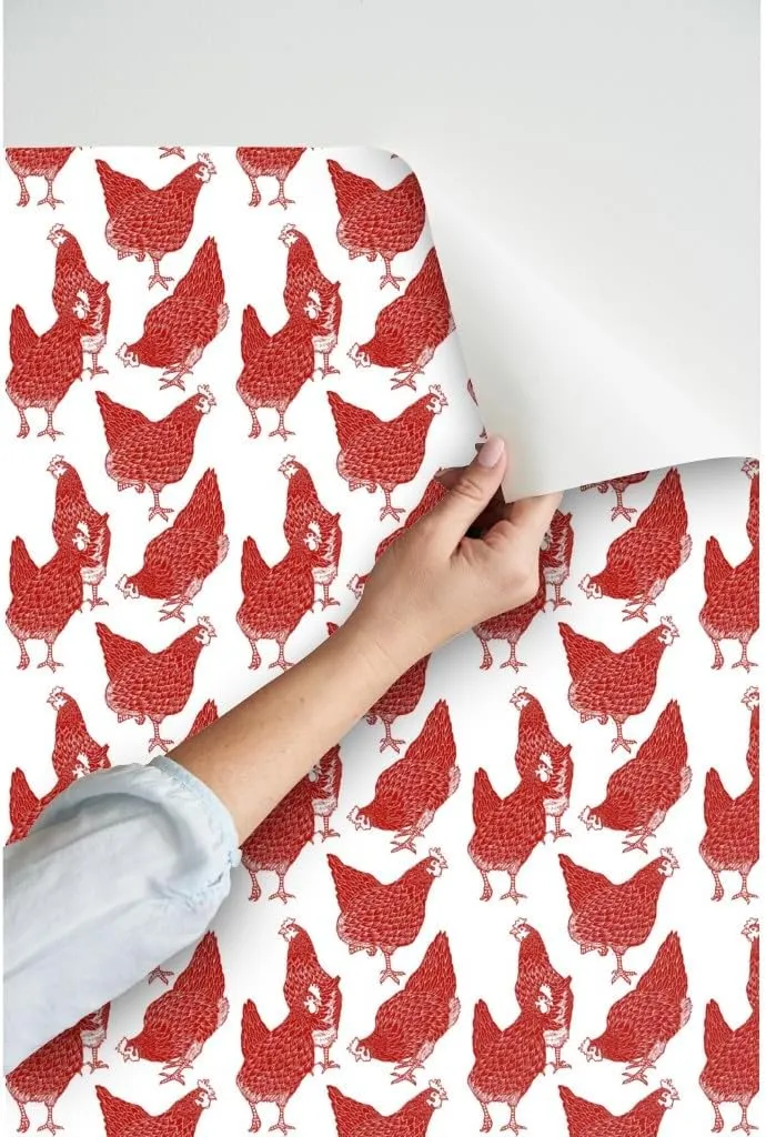 Peel & Stick Wallpaper 12ft x 2ft - Red Chickens White Country Kitchen Bears Prints Rustic Roosters Farmhouse Decor Animals Shabby Chic Custom Removable Wallpaper by Spoonflower