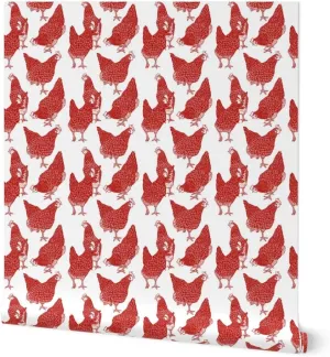 Peel & Stick Wallpaper 12ft x 2ft - Red Chickens White Country Kitchen Bears Prints Rustic Roosters Farmhouse Decor Animals Shabby Chic Custom Removable Wallpaper by Spoonflower