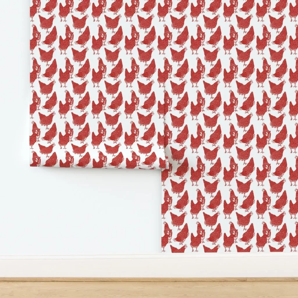 Peel & Stick Wallpaper 12ft x 2ft - Red Chickens White Country Kitchen Bears Prints Rustic Roosters Farmhouse Decor Animals Shabby Chic Custom Removable Wallpaper by Spoonflower