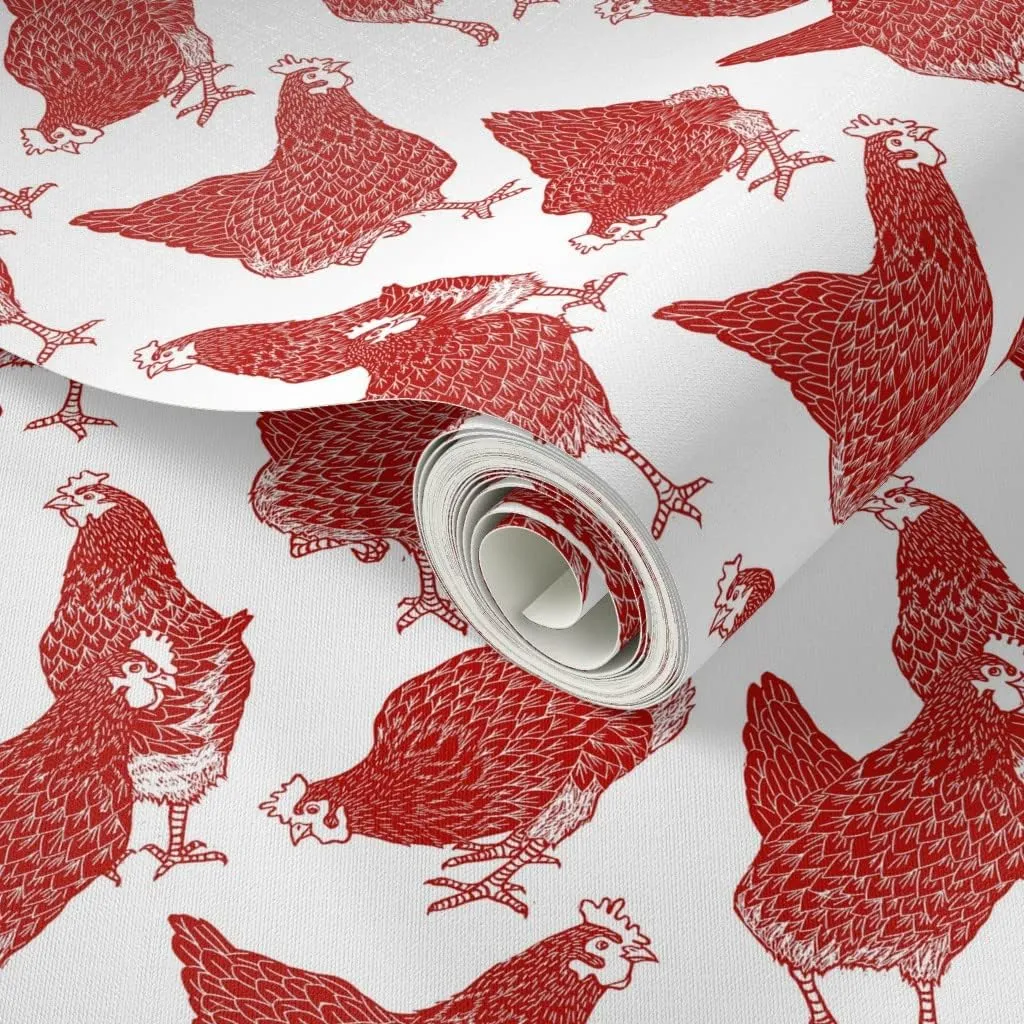 Peel & Stick Wallpaper 12ft x 2ft - Red Chickens White Country Kitchen Bears Prints Rustic Roosters Farmhouse Decor Animals Shabby Chic Custom Removable Wallpaper by Spoonflower