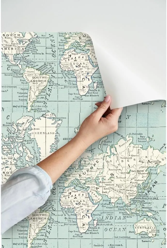 Peel & Stick Wallpaper 3ft x 2ft - Soft Blue Cream World Map Vintage Gray White Cheater Quilt Geography Travel Baby Boy Room Custom Removable Wallpaper by Spoonflower