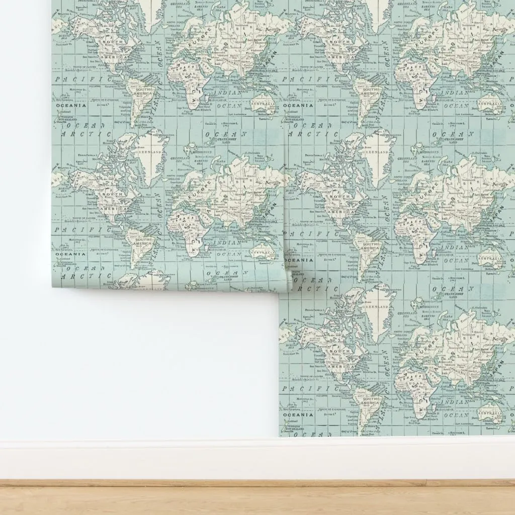 Peel & Stick Wallpaper 3ft x 2ft - Soft Blue Cream World Map Vintage Gray White Cheater Quilt Geography Travel Baby Boy Room Custom Removable Wallpaper by Spoonflower