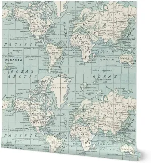 Peel & Stick Wallpaper 3ft x 2ft - Soft Blue Cream World Map Vintage Gray White Cheater Quilt Geography Travel Baby Boy Room Custom Removable Wallpaper by Spoonflower
