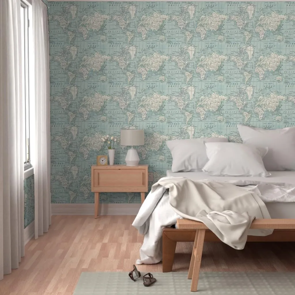Peel & Stick Wallpaper 3ft x 2ft - Soft Blue Cream World Map Vintage Gray White Cheater Quilt Geography Travel Baby Boy Room Custom Removable Wallpaper by Spoonflower