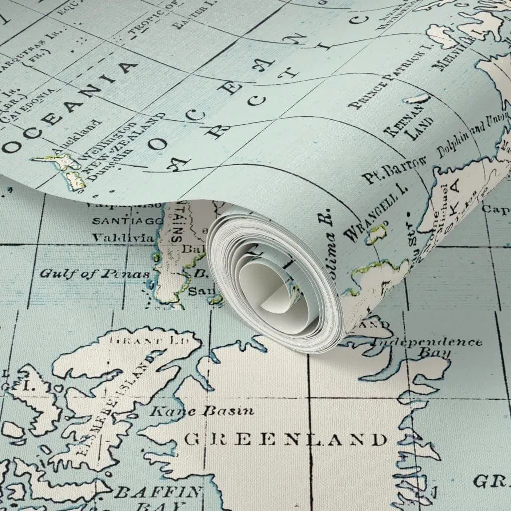 Peel & Stick Wallpaper 3ft x 2ft - Soft Blue Cream World Map Vintage Gray White Cheater Quilt Geography Travel Baby Boy Room Custom Removable Wallpaper by Spoonflower