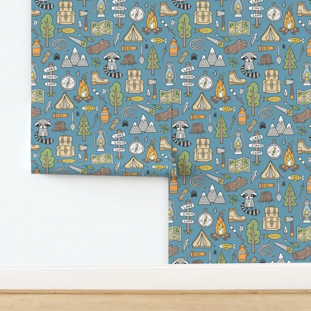 Peel & Stick Wallpaper 9ft x 2ft - Outdoors Camping Woodland Doodle Campfire Raccoon Mountains Trees Logs Dark Blue Navy Forest Outdoor Custom Removable Wallpaper by Spoonflower