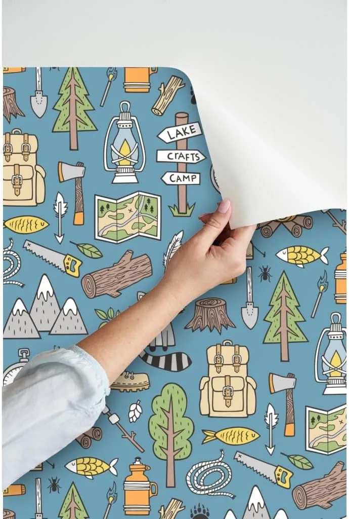 Peel & Stick Wallpaper 9ft x 2ft - Outdoors Camping Woodland Doodle Campfire Raccoon Mountains Trees Logs Dark Blue Navy Forest Outdoor Custom Removable Wallpaper by Spoonflower