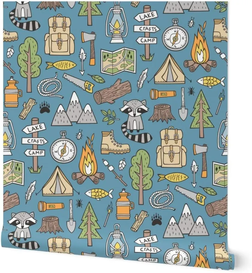 Peel & Stick Wallpaper 9ft x 2ft - Outdoors Camping Woodland Doodle Campfire Raccoon Mountains Trees Logs Dark Blue Navy Forest Outdoor Custom Removable Wallpaper by Spoonflower