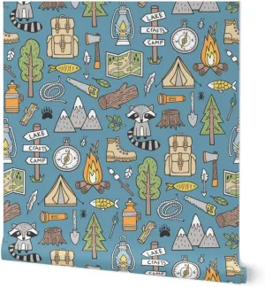 Peel & Stick Wallpaper 9ft x 2ft - Outdoors Camping Woodland Doodle Campfire Raccoon Mountains Trees Logs Dark Blue Navy Forest Outdoor Custom Removable Wallpaper by Spoonflower