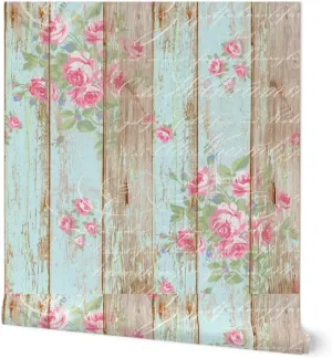 Peel & Stick Wallpaper 9ft x 2ft - Shabby Chic Woodgrain Roses Cottagecore Sky Blue Pink Custom Removable Wallpaper by Spoonflower