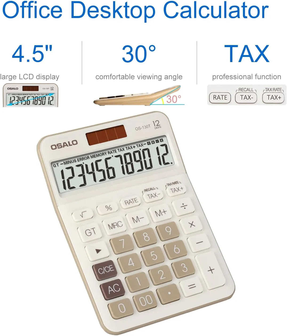 Pendancy 12 Digit Office Calculator Desktop with Tax /- for Advanced Tax Calculation, Large LCD Display Big Buttons, Dual Power Durable Portable Design, for Financial Accounting Business Use