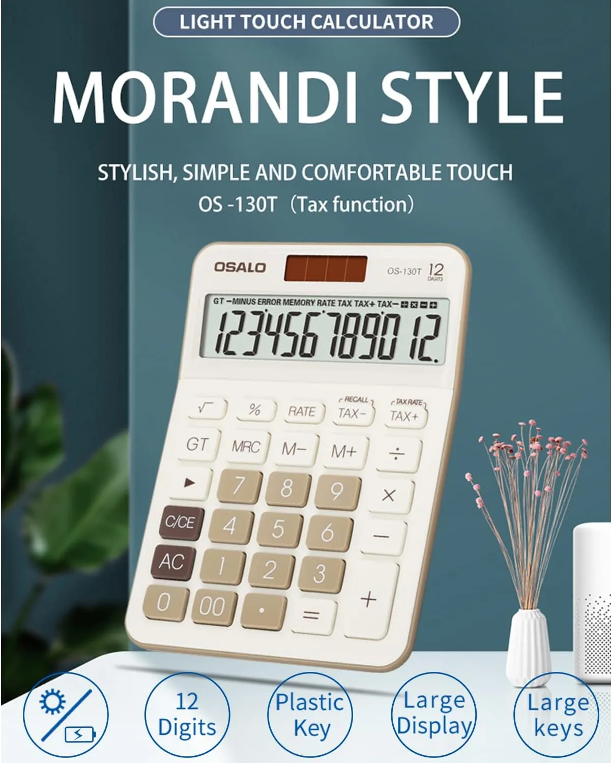 Pendancy 12 Digit Office Calculator Desktop with Tax /- for Advanced Tax Calculation, Large LCD Display Big Buttons, Dual Power Durable Portable Design, for Financial Accounting Business Use