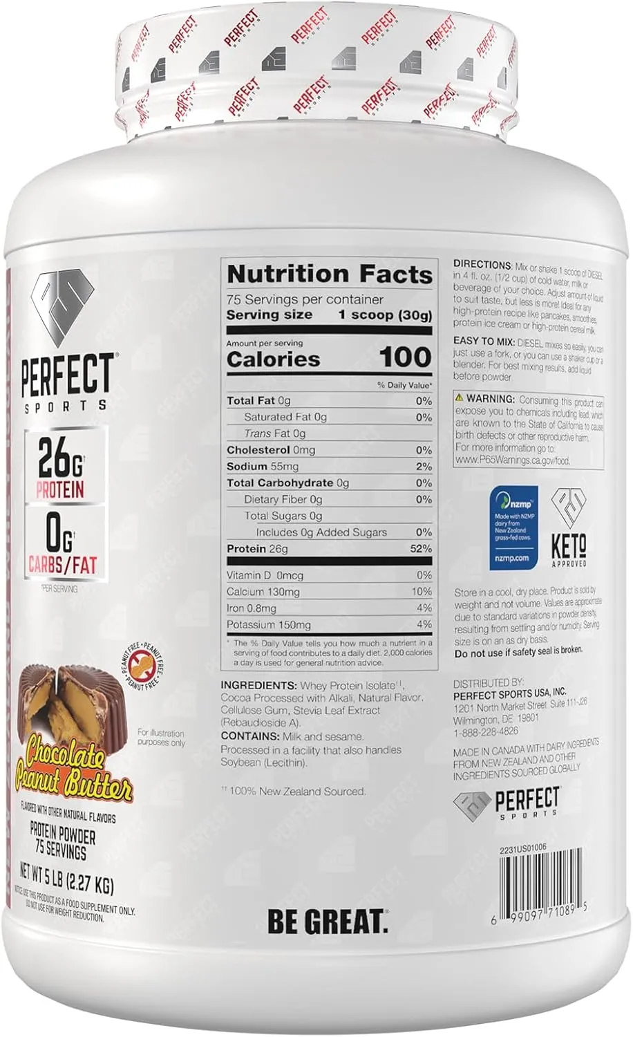 PERFECT SPORTS Diesel 100% New Zealand Wey Protein Isolate | Stevia Sweetened, No Artificial Ingredients, Keto | 0g Carb, 0g Fat, 26g Protein | 5 Pounds (Chocolate Peanut Butter)