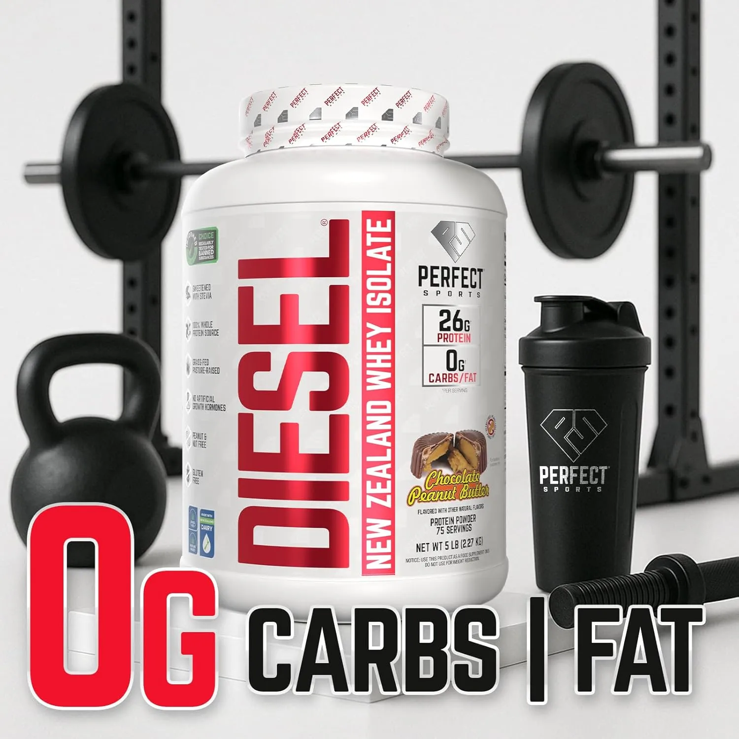 PERFECT SPORTS Diesel 100% New Zealand Wey Protein Isolate | Stevia Sweetened, No Artificial Ingredients, Keto | 0g Carb, 0g Fat, 26g Protein | 5 Pounds (Chocolate Peanut Butter)