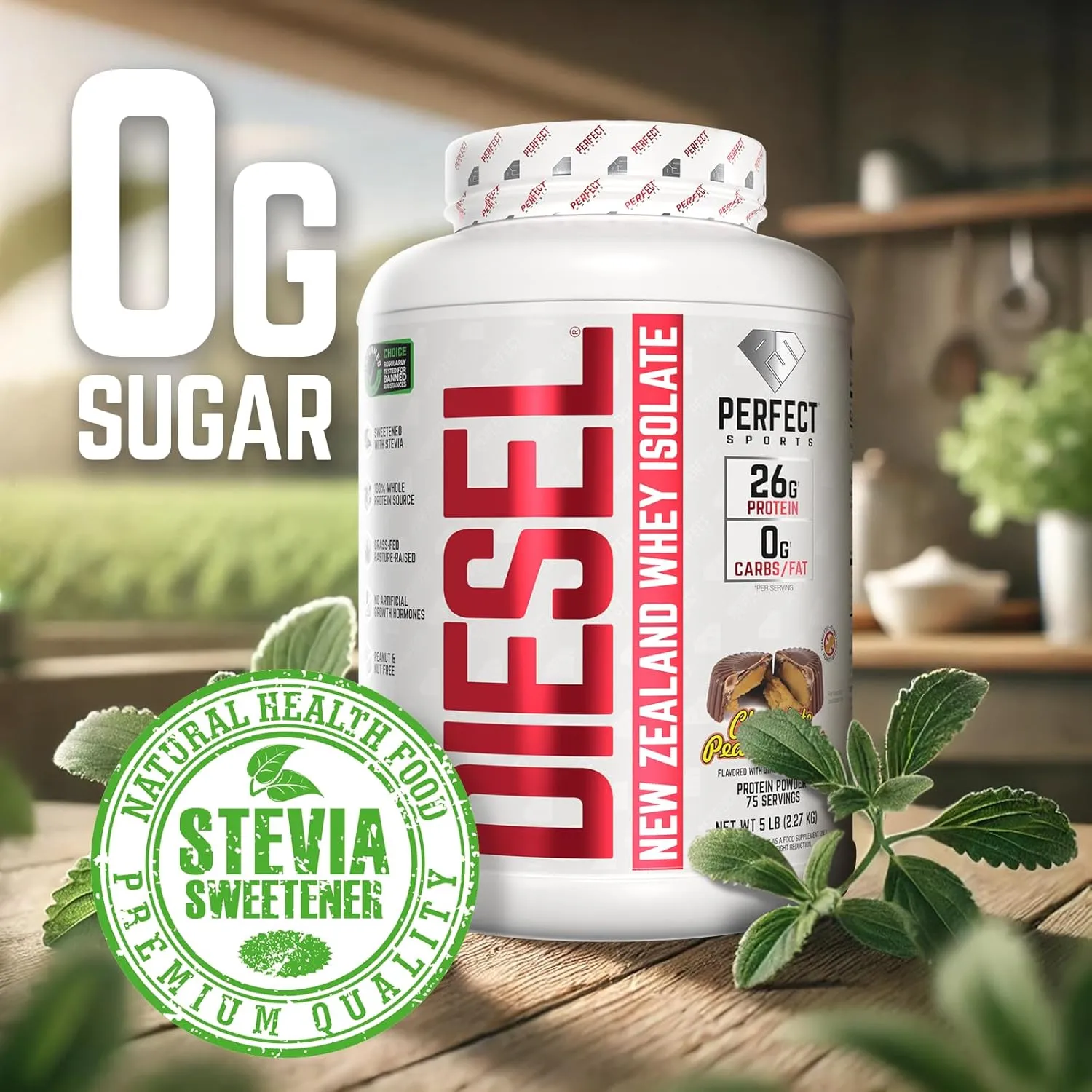 PERFECT SPORTS Diesel 100% New Zealand Wey Protein Isolate | Stevia Sweetened, No Artificial Ingredients, Keto | 0g Carb, 0g Fat, 26g Protein | 5 Pounds (Chocolate Peanut Butter)