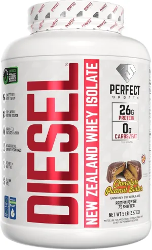 PERFECT SPORTS Diesel 100% New Zealand Wey Protein Isolate | Stevia Sweetened, No Artificial Ingredients, Keto | 0g Carb, 0g Fat, 26g Protein | 5 Pounds (Chocolate Peanut Butter)
