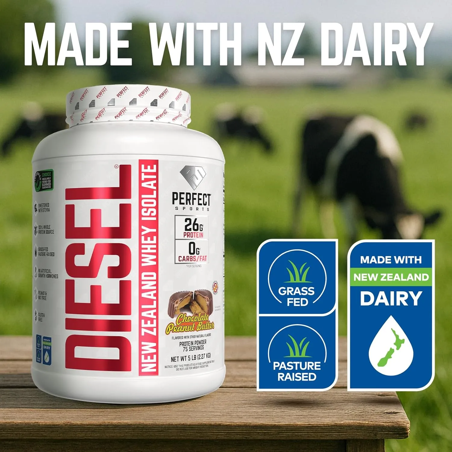 PERFECT SPORTS Diesel 100% New Zealand Wey Protein Isolate | Stevia Sweetened, No Artificial Ingredients, Keto | 0g Carb, 0g Fat, 26g Protein | 5 Pounds (Chocolate Peanut Butter)