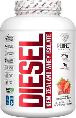 PERFECT SPORTS Diesel 100% New Zealand Wey Protein Isolate | Stevia Sweetened, No Artificial Ingredients, Keto | 0g Carb, 0g Fat, 27g Protein | 5 Pounds (Strawberry)