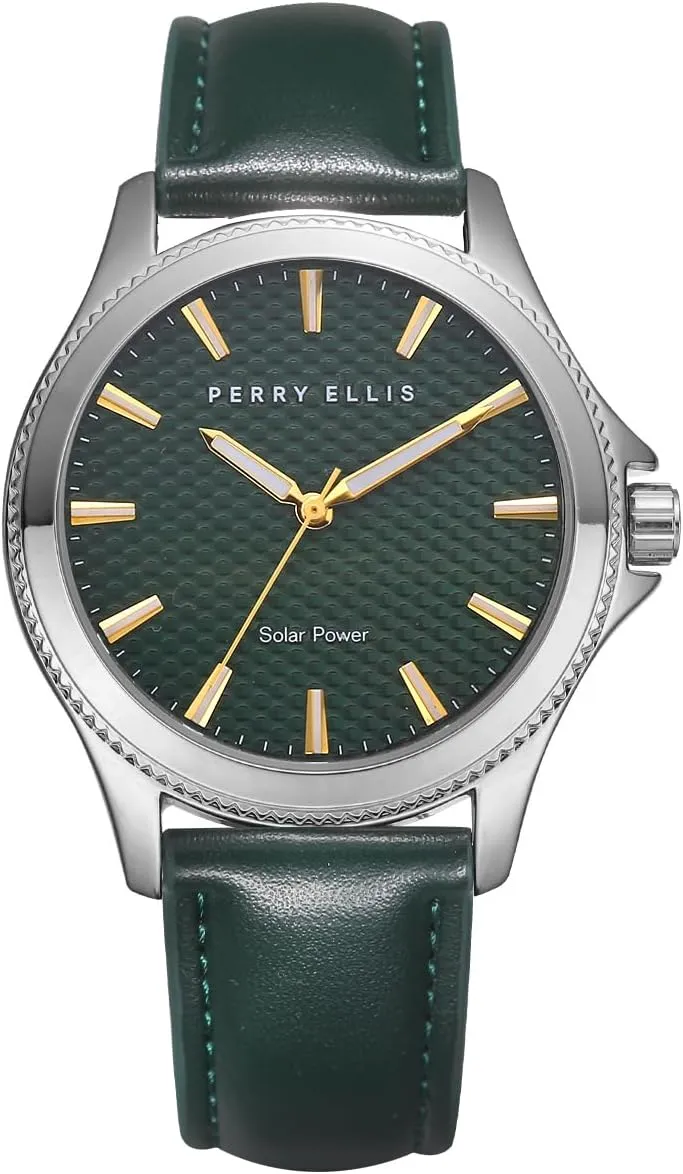 PERRY ELLIS Solar Powered Mens Watch | Vegan Leather Water-Resistant Analog Wrist Watches for Men | 41mm Case | Relojes para Hombres | Elegant Gift for Man