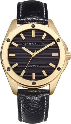 Perry Ellis Solar Powered Mens Watch | Vegan Leather Water-Resistant Analog Wrist Watches for Men | 42mm Case | Relojes para Hombres | Elegant Gift for Man