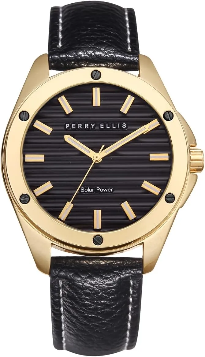 Perry Ellis Solar Powered Mens Watch | Vegan Leather Water-Resistant Analog Wrist Watches for Men | 42mm Case | Relojes para Hombres | Elegant Gift for Man