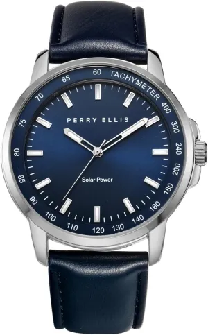 Perry Ellis Solar Powered Mens Watch | Vegan Leather Water-Resistant Analog Wrist Watches for Men | 43mm Case | Aluminum Tachymeter Bezel | Elegant Gift for Man