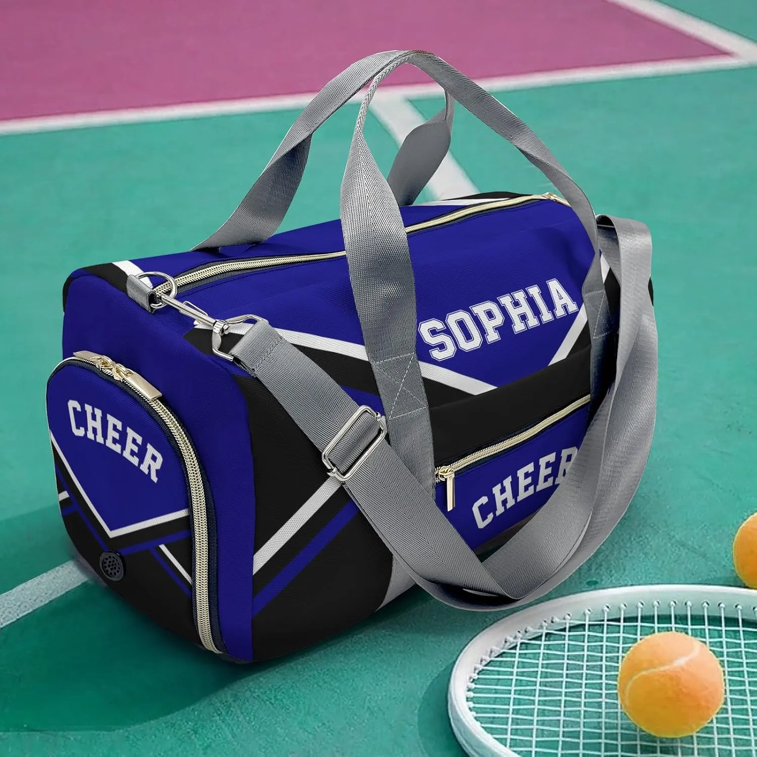 Personalized Multi-Function Travel Cheer Blue Black Cheerleader Duffel Handbag Large Capacity Women Men Gym Yoga Ballet with Name