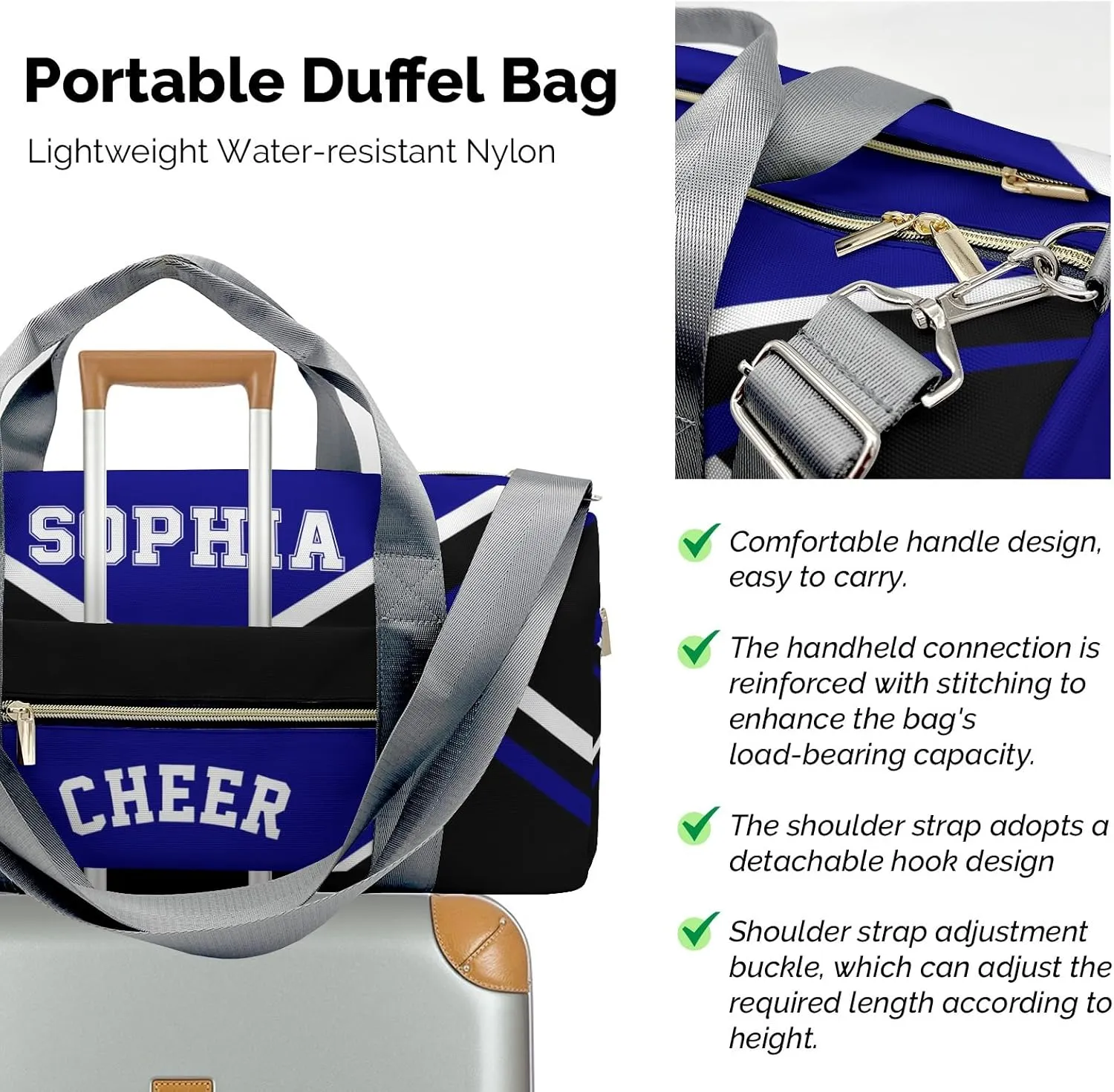 Personalized Multi-Function Travel Cheer Blue Black Cheerleader Duffel Handbag Large Capacity Women Men Gym Yoga Ballet with Name