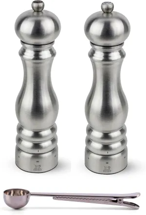 Peugeot Paris u'Select 6 Setting Manual Stainless Steel Salt & Pepper Mill Set With Stainless Steel Spice Scoop Made In France (9- Inch)