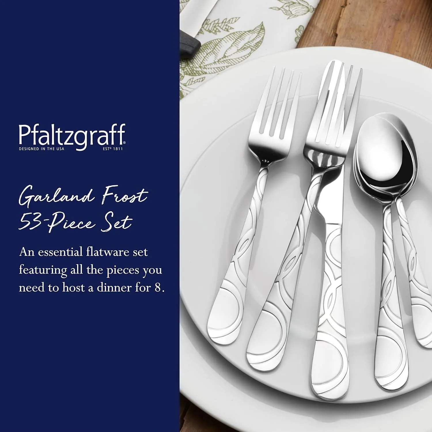 Pfaltzgraff Garland Frost 53-Piece Stainless Steel Flatware Serving Utensil Set and Steak Knives, Service for 8