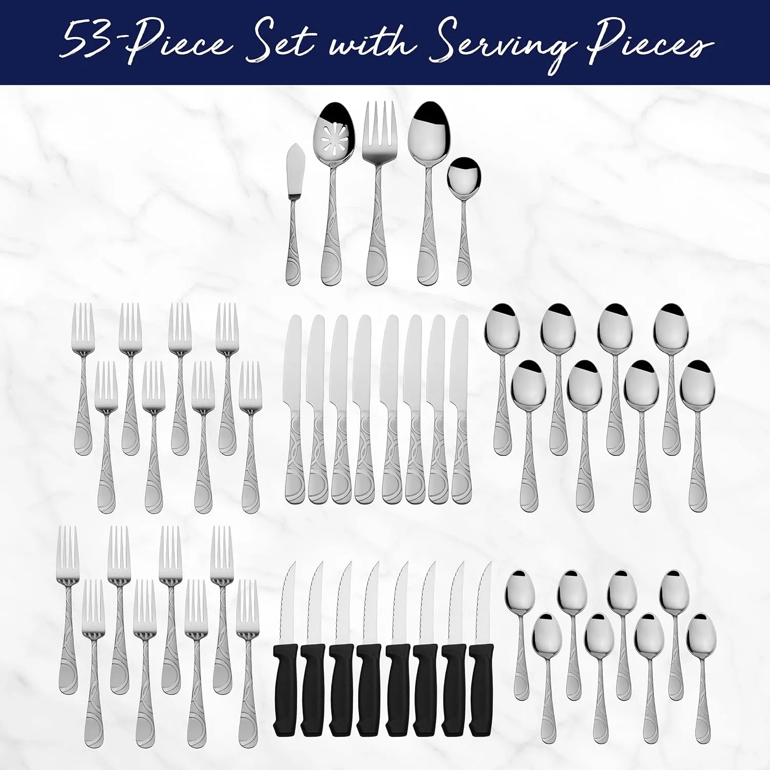 Pfaltzgraff Garland Frost 53-Piece Stainless Steel Flatware Serving Utensil Set and Steak Knives, Service for 8