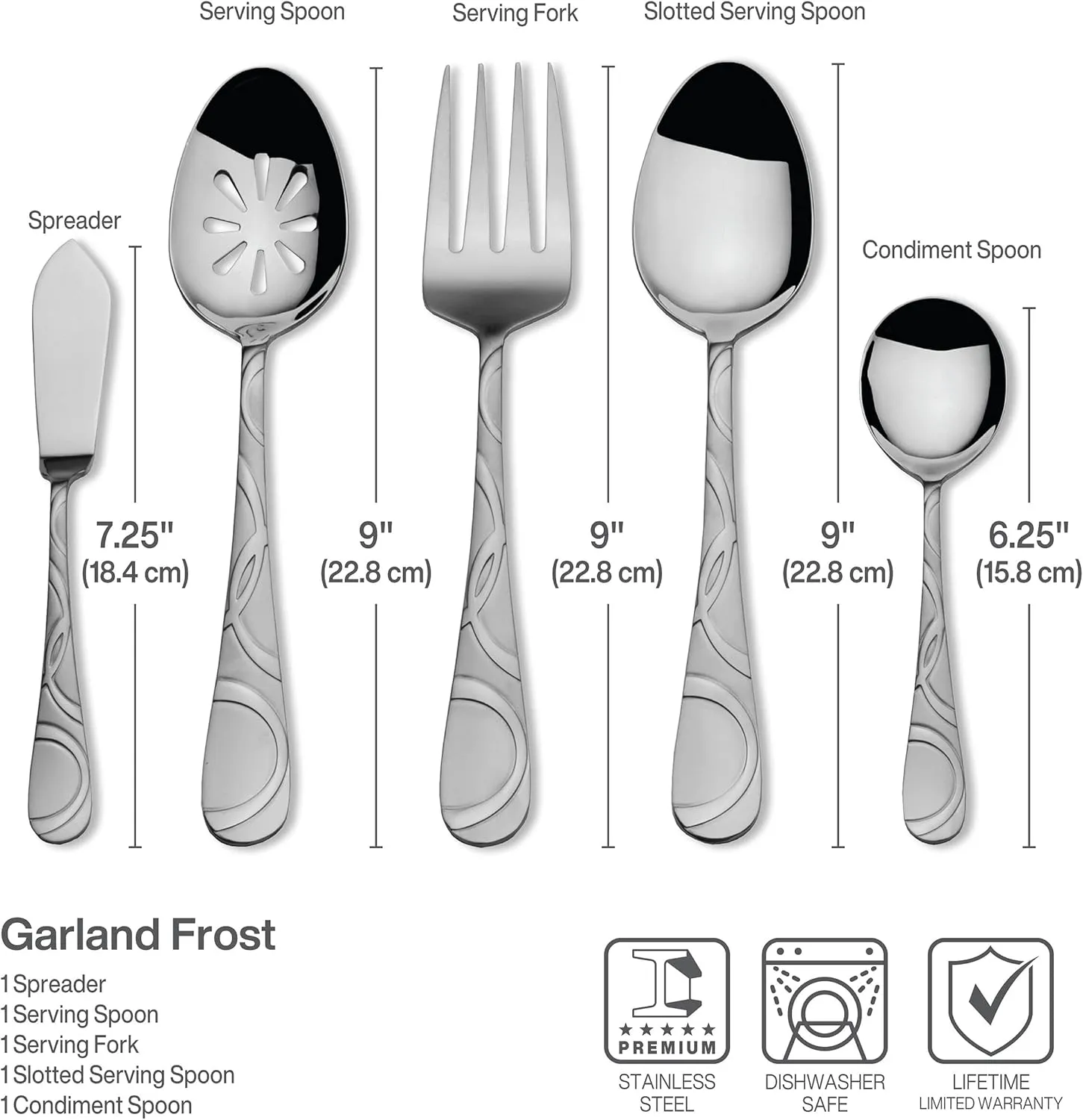 Pfaltzgraff Garland Frost 53-Piece Stainless Steel Flatware Serving Utensil Set and Steak Knives, Service for 8