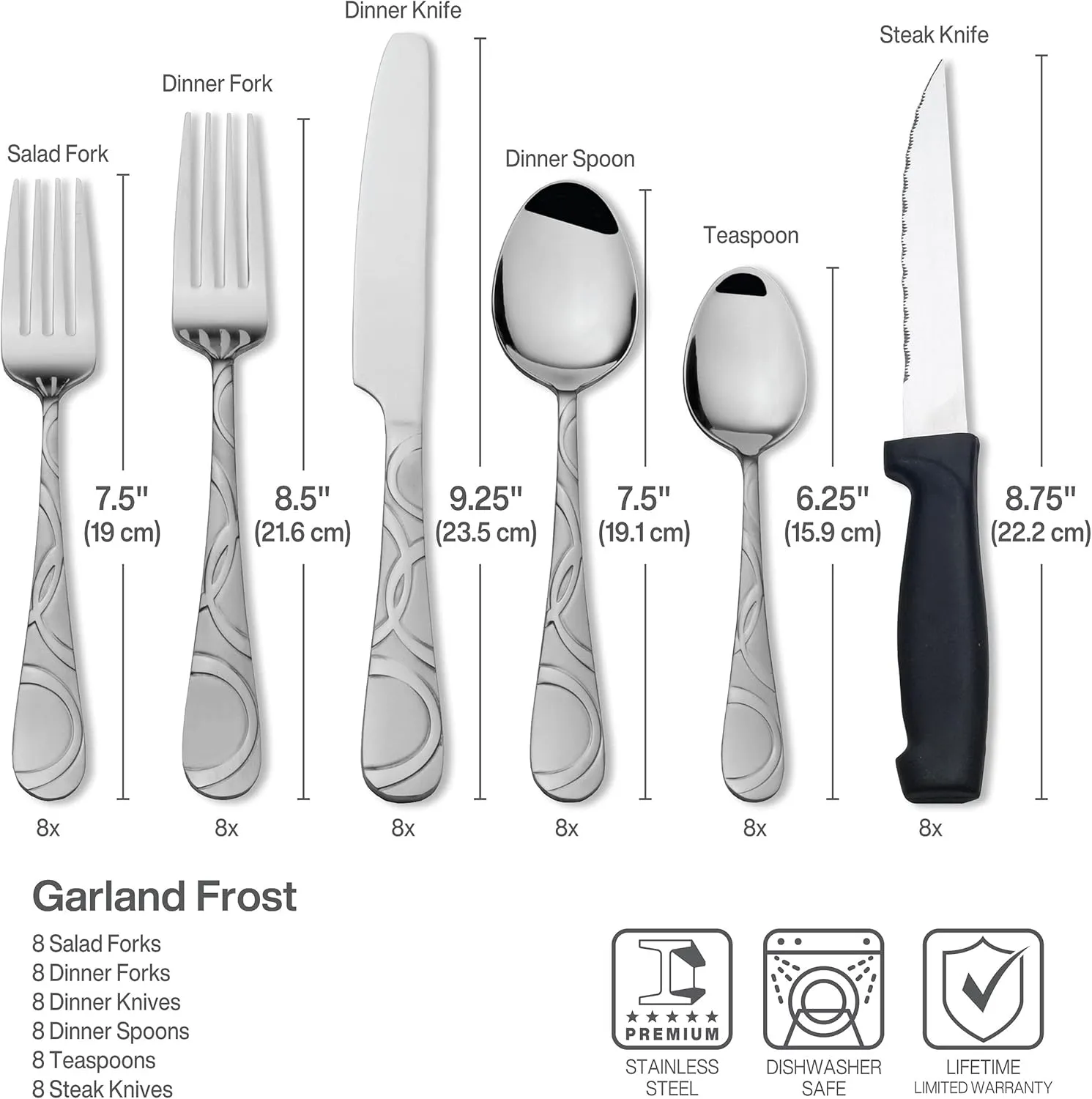 Pfaltzgraff Garland Frost 53-Piece Stainless Steel Flatware Serving Utensil Set and Steak Knives, Service for 8