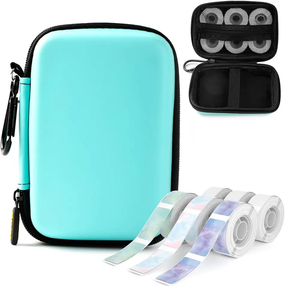 Phomemo D30 D35 Label Marker Green Case with 6 Rolls of Color Combo Set Label Tapes, Waterproof Storage Bag with Black on White Clear Starry Sky Label Tapes, Sticker Thermal Paper Self-Adhesive