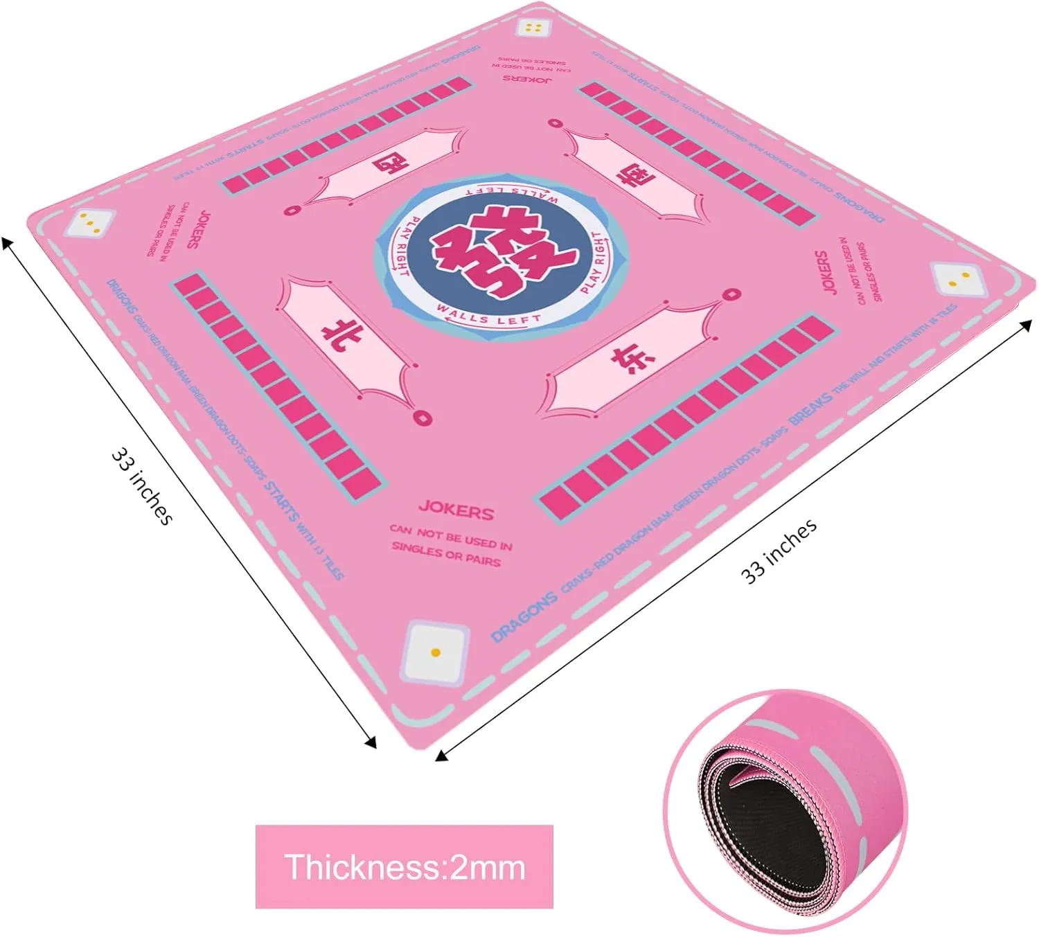 Pink Mahjong Learning Mat with Black Carrying Bag, Anti-Slip, Noise-Reducing Table Cover for Mahjong, Board Games, Tile Games and Card Games (33” x 33”)