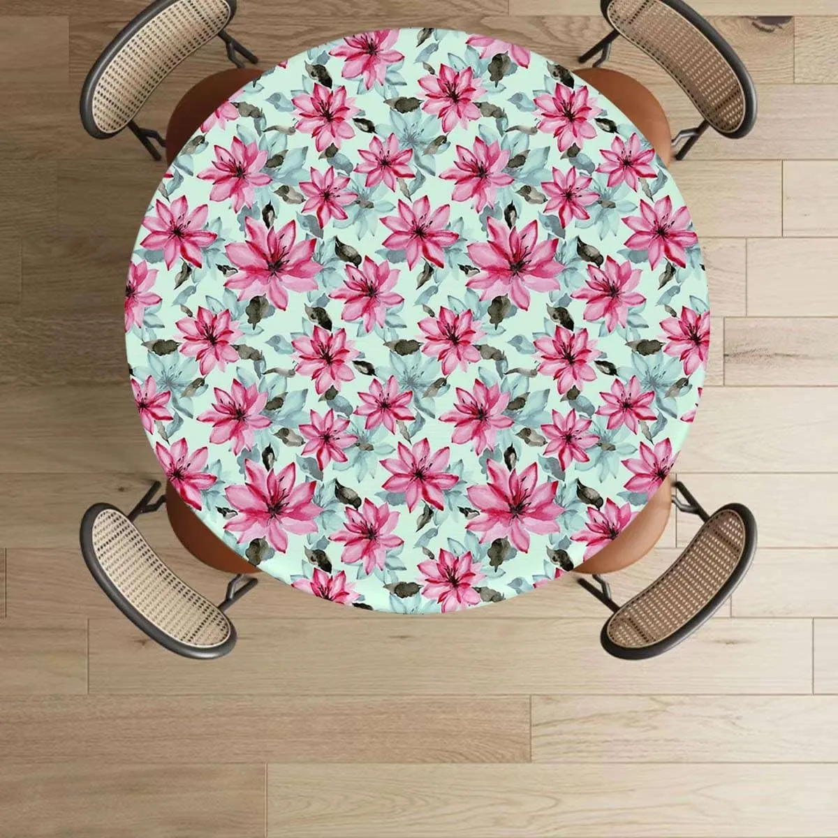 Pink Purple Elastic Fitted Round Tablecloths Modern Romantic Floral Design Elastic Edge Waterproof Table Cover Table Cloth for Round Table Abstract Fits up 45"-50" Diameter Tables