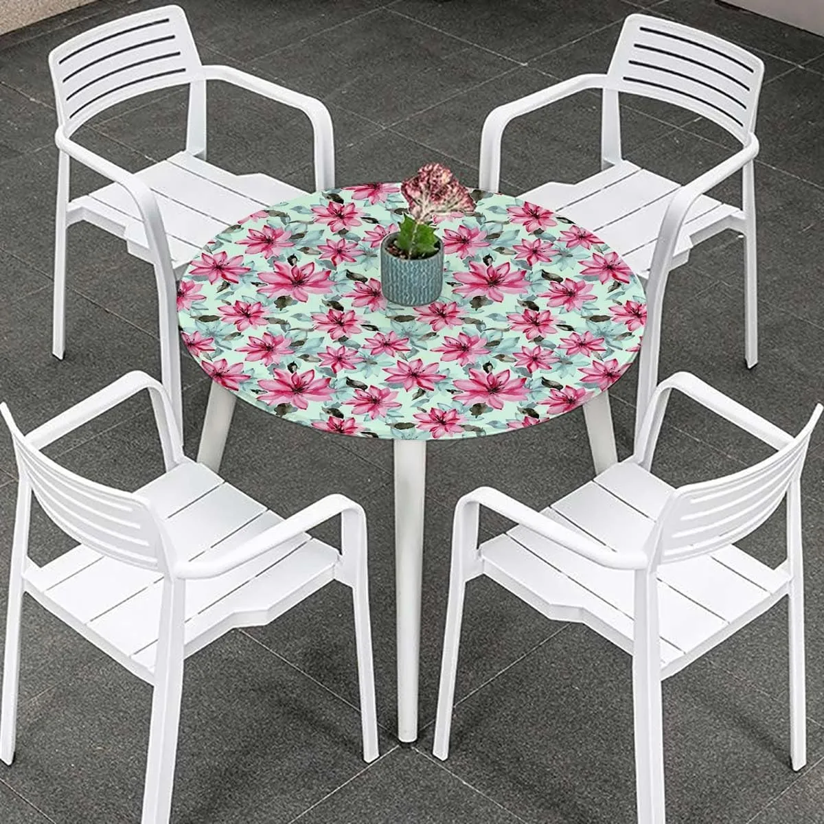 Pink Purple Elastic Fitted Round Tablecloths Modern Romantic Floral Design Elastic Edge Waterproof Table Cover Table Cloth for Round Table Abstract Fits up 45"-50" Diameter Tables