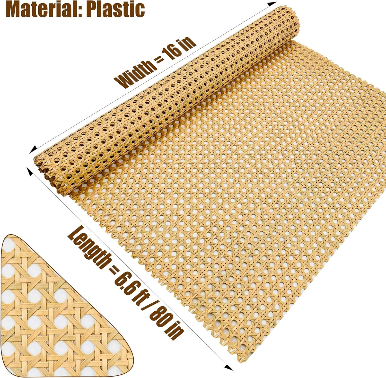 Plastic Rattan Webbing Roll, 16 Inch x 6.6 Feet, Handwoven Synthetic Poly Rattan, Faux Cane Mesh-Open Weave, Hexagonal Pattern, for DIY Home Decor Projects incl. Furnitures Chairs Cabinets Beds